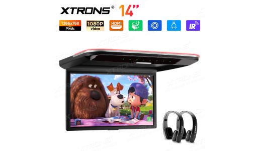 14 inch Ultra-thin Car TV Roof Mounted Monitor with Built-in Stereo Speakers and HD/AV/USB Input & 2pcs headphones
