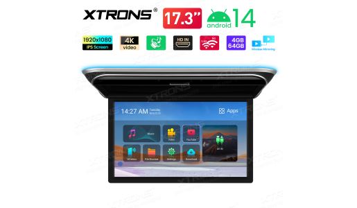 17.3 inch Octa Core 4+64GB 1920x1080 IPS Screen Flip Down Android 14 Car Roof Multimedia Player With HD Input