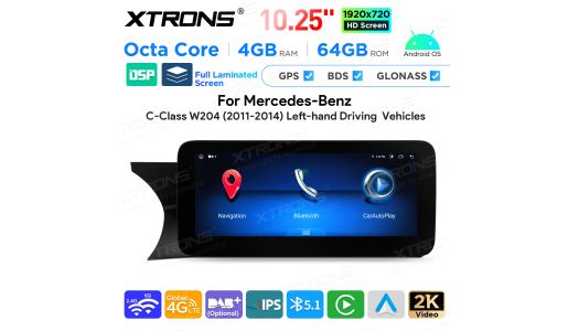10.25 Inch Android Octa Core 4GB+64GB Car GPS Multimedia Player for Mercedes-Benz C-Class W204 (2011-2014) Left Driving Vehicles