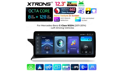 12.3" Anti-Glare & Reflection 2K Screen Snapdragon 662 Octa Core 8+128GB Android Car Stereo Multimedia Player for Mercedes-Benz C-Class W204 2011 to 2014 LHD NTG 4.5/4.7