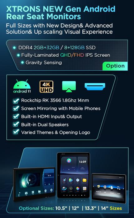 XTRONS NEW Gen Android Rear Seat Monitors with Full Sizes & Advanced Solution and Fully Laminated QHD Screen